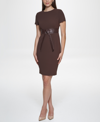 Calvin Klein Solid Faux-leather Tie-waist Sheath Dress In Coffee Bean
