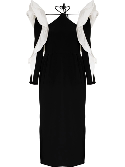 Carolina Herrera Ruffle Trim Silk Midi Dress In 003 Black/white