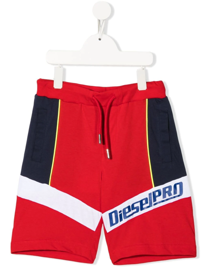 Diesel Kids' Logo-print Panelled Shorts In Red