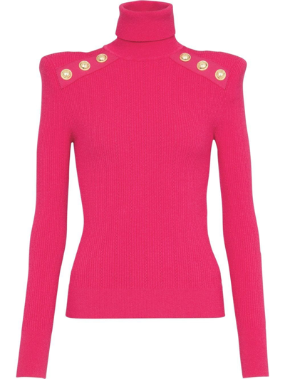 Balmain Embossed Buttons Fuchsia Turtle Neck Jumper In Pink