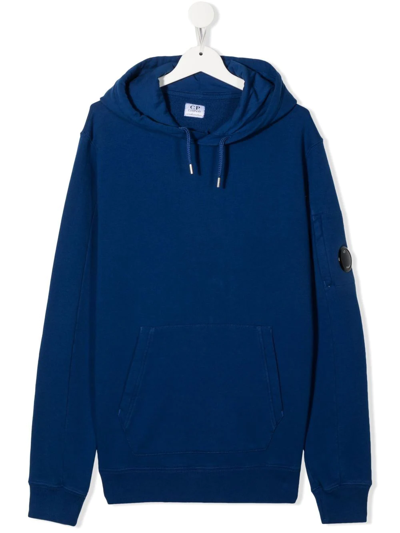 C.p. Company Teen Cotton Logo-patch Hoodie In Blue