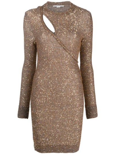 Stella Mccartney Layered Slash-cutout Paillette Knit Mini Dress In Grey/gold