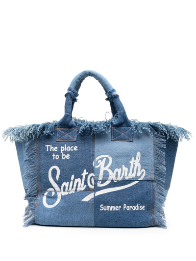 Mc2 Saint Barth Vanity Fringed Denim Tote Bag In Blue