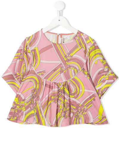 Emilio Pucci Kids Blouse In Pink And Yellow Printed Viscose