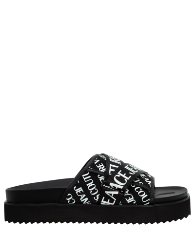 Versace Jeans Couture Men's Strappy Logo Slide Sandals In Black