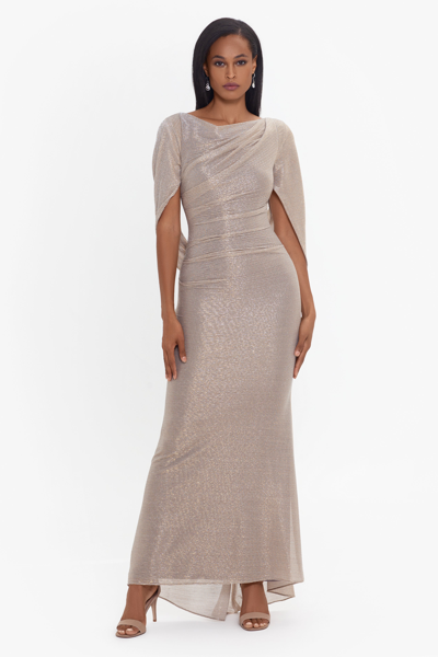 Betsy & Adam Long Metallic Crinkle Drape Back Dress In Gold/silver