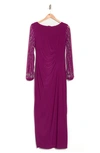 Marina Beaded Long Sleeve Maxi Gown In Fuchsia