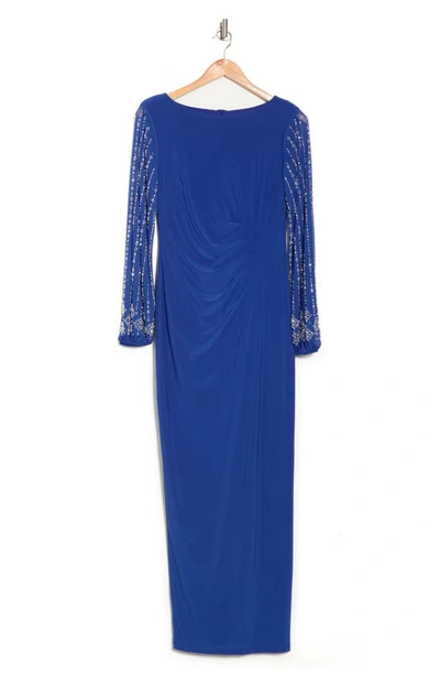 Marina Beaded Long Sleeve Maxi Gown In Cobalt