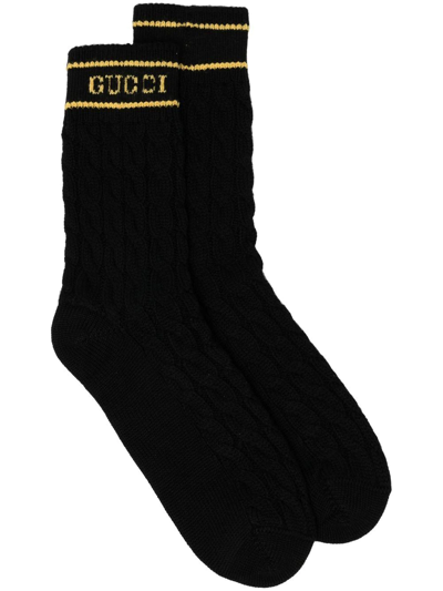 Gucci Logo-print Cable-knit Socks In Black