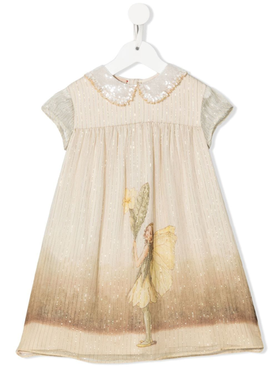 Gucci Kids' Fairy-print Peter-pan Collar Silk-blend Dress 4 Years In Beige