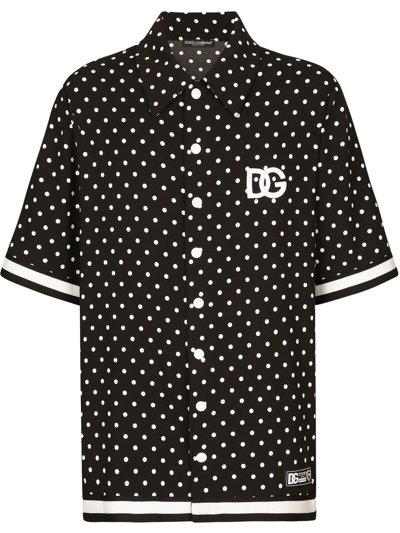 Dolce & Gabbana Oversize Shirt With Polka-dot Print And Dg Patch In Multicolor