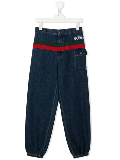 Gucci Kids' Embroidered Logo Tapered Jeans In Blue
