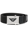 Prada Triangle Logo Saffiano Leather Belt In F0002 Nero
