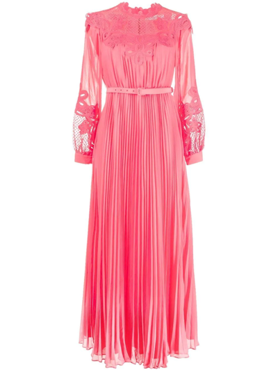 Self-portrait Belted Guipure Lace-trimmed Pleated Gauze Maxi Dress In Pop Pink