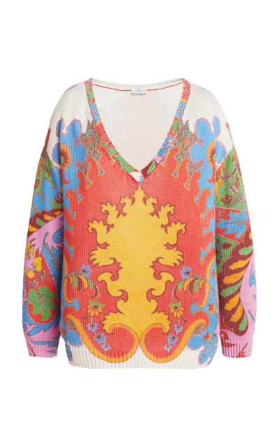 Etro Blooming Paisley-print V-neck Linen Sweater In Red