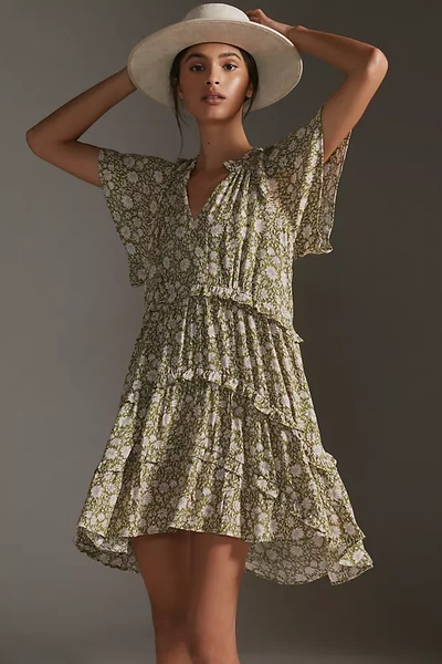 Anthropologie By Robin Tiered Mini Dress In Green | ModeSens