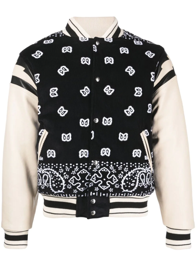 Rhude Embroidered Bandana Corduroy & Leather Bomber Jacket In Black White