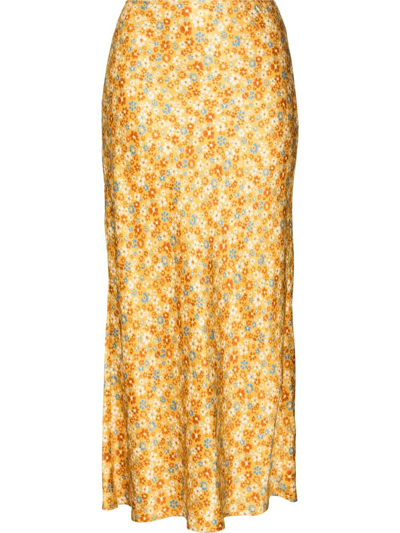 Reformation Pratt Floral-print Silk-satin Midi Skirt In Yellow