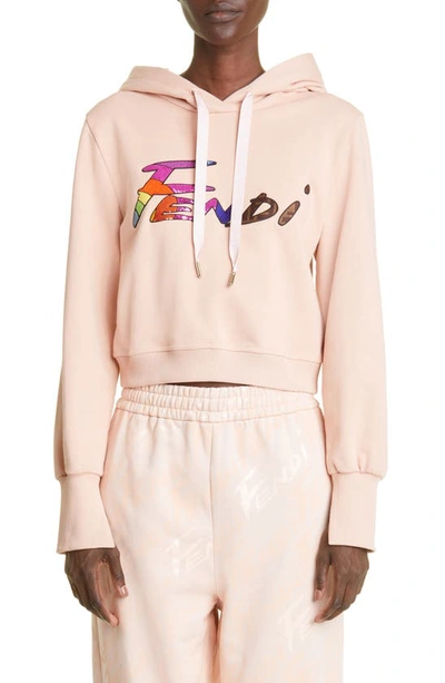 Fendi Logo Printed Drawstring Hoodie In Pink