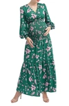 Kimi And Kai Caroline Bloused Sleeve Smocked Maternity Maxi Dress In Multicolored