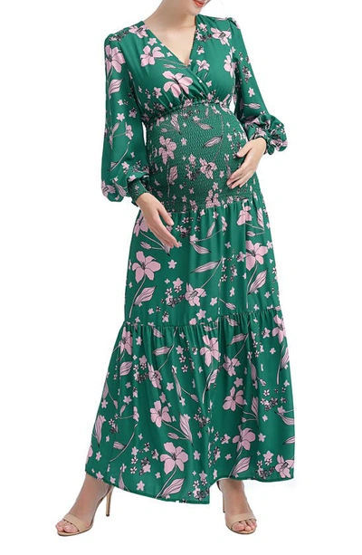 Kimi And Kai Caroline Bloused Sleeve Smocked Maternity Maxi Dress In Multicolored