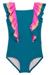Beach Lingo Kids' Sunsets Ruffle One-piece Swimsuit In Neon Grapefruit