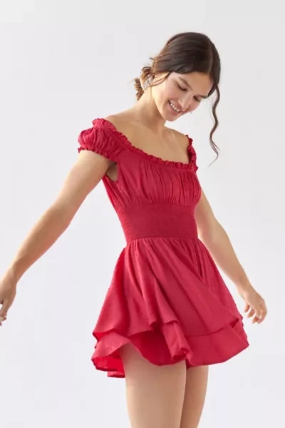 Urban Outfitters Uo Rosie Smocked Tiered Ruffle Romper In Red Berry |  ModeSens