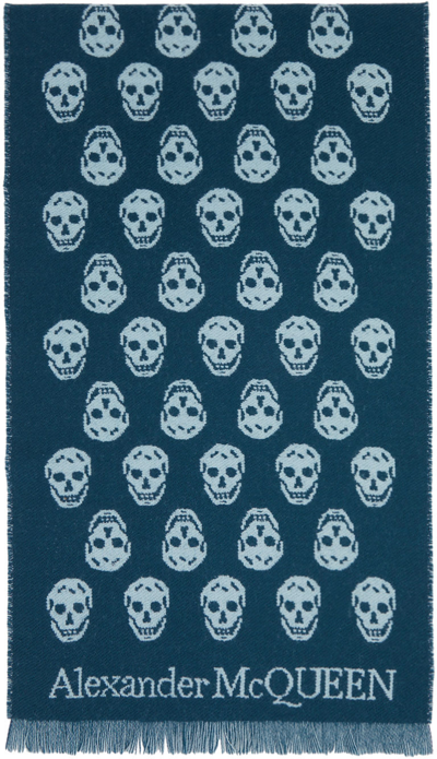 Alexander Mcqueen Reversible Skull-print Wool Scarf In Petrol Blue  Sky Blue