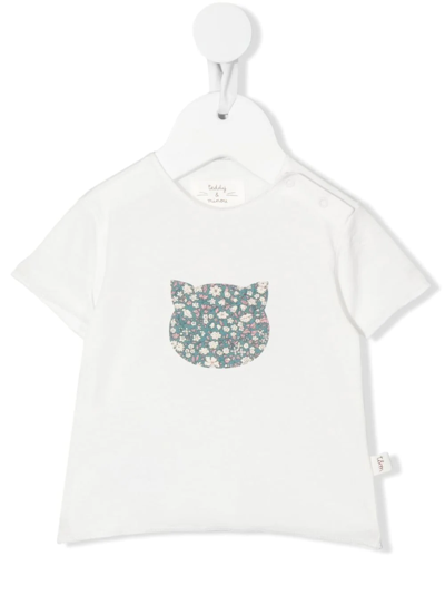 Teddy & Minou Babies' Floral-print Cat-pattern T-shirt In White