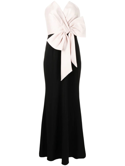 Badgley Mischka Strapless Mikado-paneled Bow-embellished Cady Gown In Blush Black
