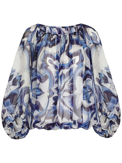 Dolce & Gabbana Majolica-print Chiffon Blouse In Bianco