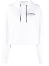Balmain Cropped Flocked Organic Cotton-jersey Hoodie In White