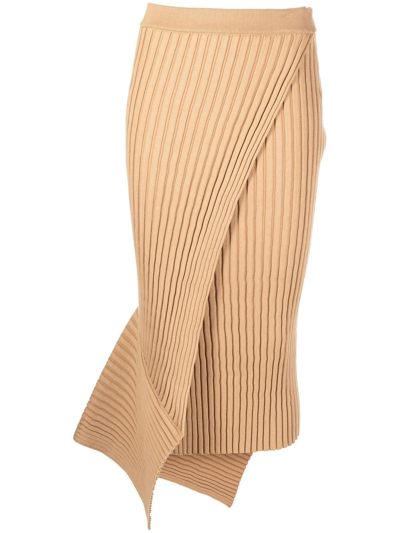 Stella Mccartney Ribbed Asymmetric Hem Cotton Midi Skirt In Beige