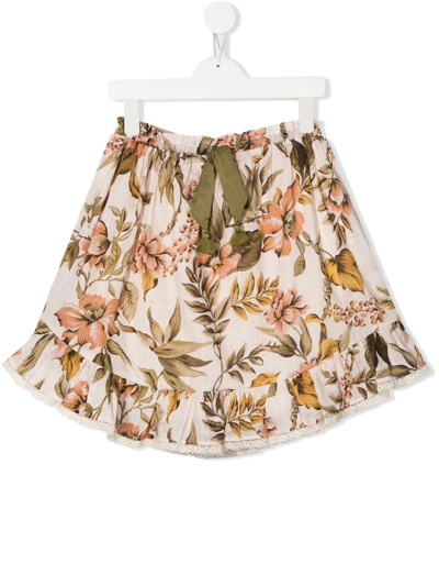 Zimmermann Kids Anneke Ruffled Floral-print Cotton Skirt In Neutrals
