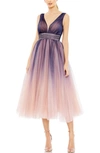 Mac Duggal Ombre Sleeveless V Neck Midi Dress - Final Sale In Indigo Ombre