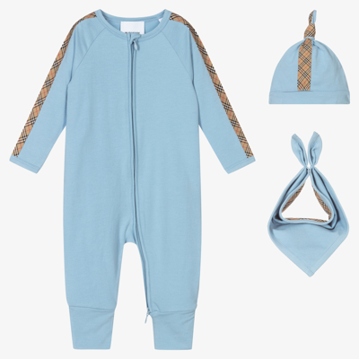 Burberry Babies' Blue 3 Piece Romper Gift Set