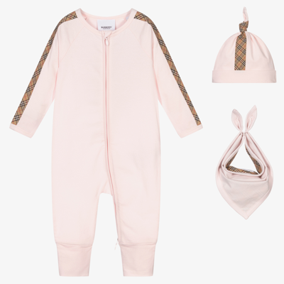 Burberry Babies' Girls Pink 3 Piece Romper Gift Set In Alabaster Pink