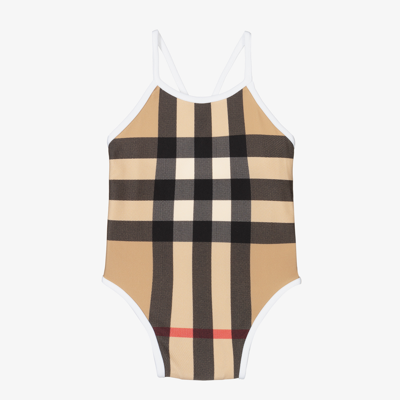 Burberry Biege Swimsuit For Baby Girl With Iconic Vintage Check In Beige