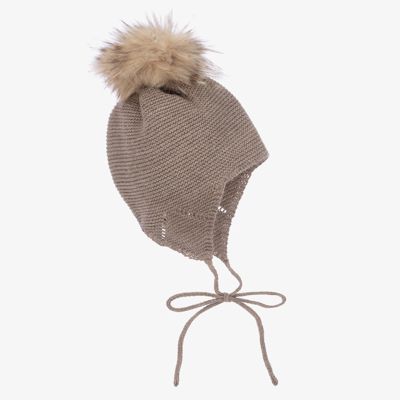 Mebi Babies' Brown Wool Knit Pom-pom Hat