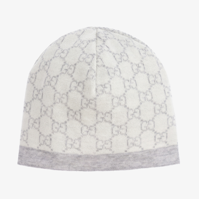 Gucci Grey & Ivory Wool Gg Baby Hat