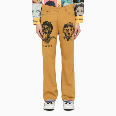 Kidsuper Studio Mustard-coloured Bell-bottom Jeans With Portraits In Multicolor