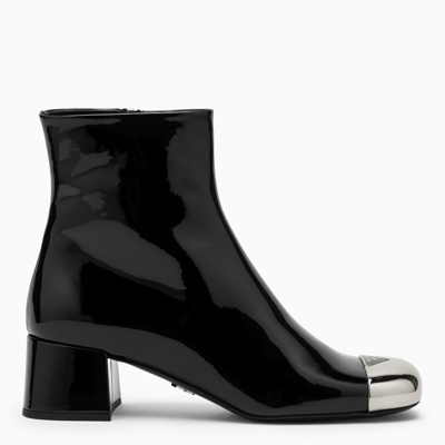 Prada Black Patent Leather Ankle Boots With Metal Toe Caps
