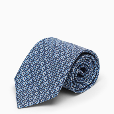Ferragamo Navy Silk Tie With Gancini Print In Blue