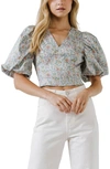 Endless Rose Floral Print Puff Sleeve Crop Top In Blue Multi