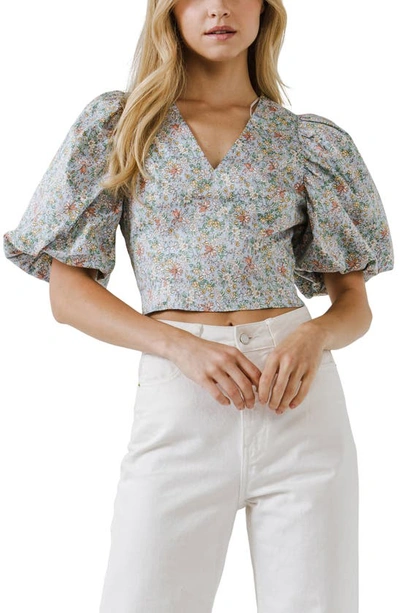 Endless Rose Floral Print Puff Sleeve Crop Top In Blue Multi