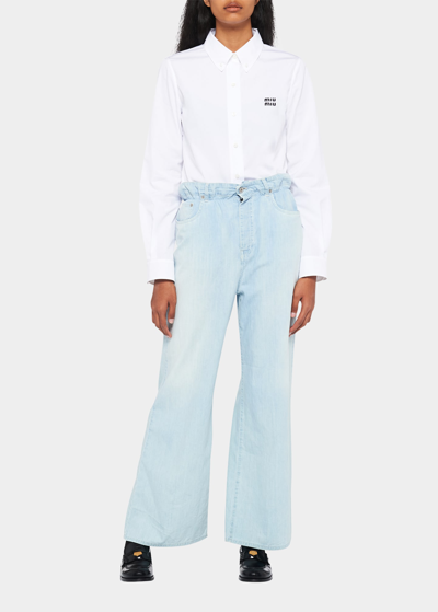 Miu Miu Logo-embroidered Denim Wide-leg Pants In F0013 Azzurro