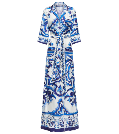 Dolce & Gabbana Foulard-print Belted Silk Twill Long Robe In Tris_maioliche_blu