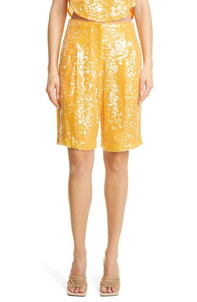 Lapointe High-rise Sequin Pleated Bermuda Shorts In Orange