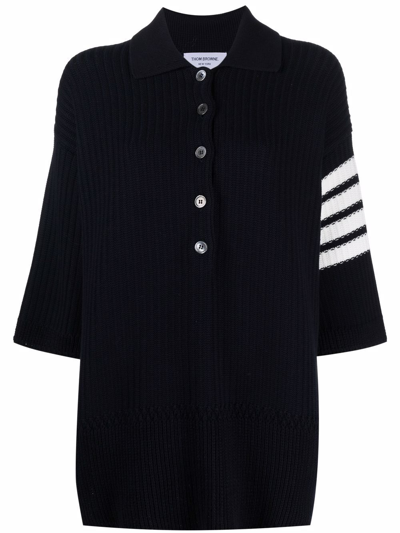 Thom Browne 4-bar Knitted Polo In Blue