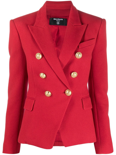 Balmain Embossed-button Double-breasted Blazer In Red